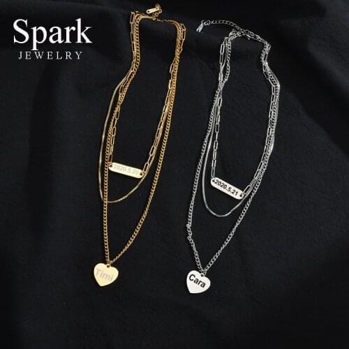 Spark Stainless Steel Custom Engraved Name Date Photo Necklace Multi-layer Heart Rectangle Tag Pendant Chain Necklaces Jewelry