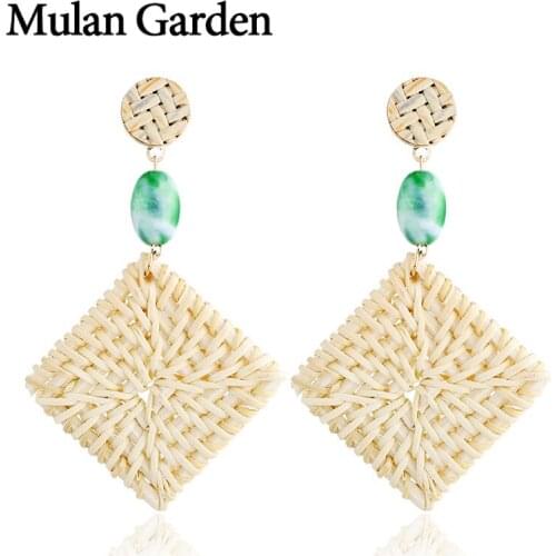 M&G Ethnic Bohemian Handmade Rattan Earrings for Women Long Square Wood Earrings Jewelry Elegant Fashion Ear Drop Accessories