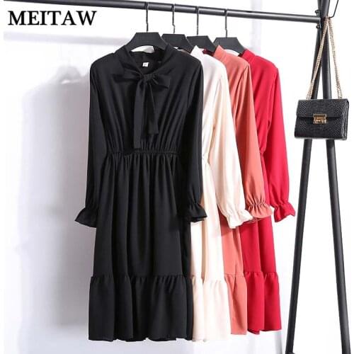 2020 Spring Chiffon Midi Dress Casual Long Sleeve Office Polka Dot Dresses Vintage Bow Floral Print Party Dress Vestidos