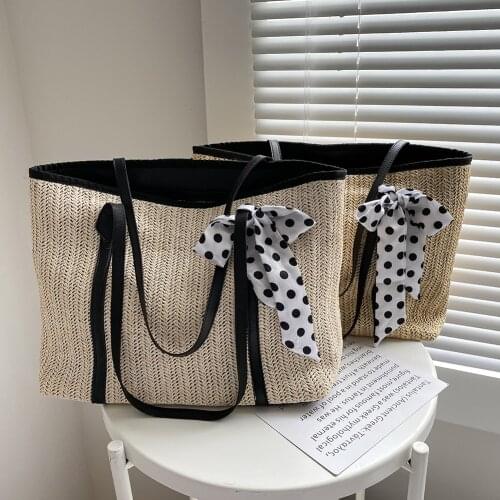 Vintage Women Straw Woven Silk Scarf Shoulder Bag Casual Ladies Shopping Tote Pouch Lady Large Capacity Handbag