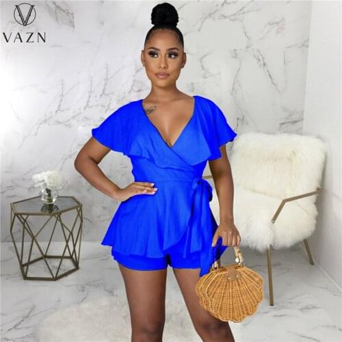 VAZN 2021 Top Quality Chiffon Sexy Young Backless Short Sleeve Regular Lace Up Top Free High Waist Women Slim Playsuits