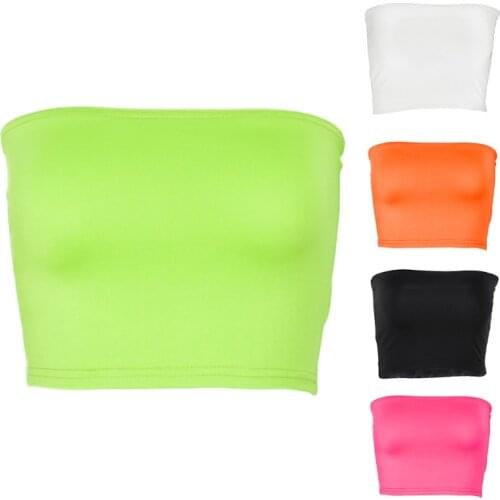 Women Summer Sexy Strapless Cropped Tube Top Neon Solid Color Off Shoulder Bralette Basic Wrapped Chest Bandeau Bustier Party Cl