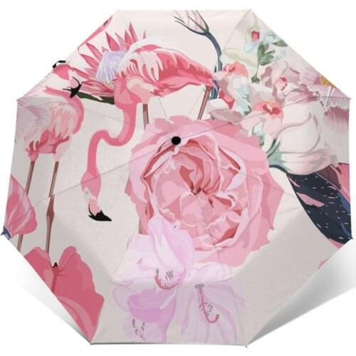 Pink Flowers Tropical Protea And Flamingos Windproof Automatic Folding Inverted Umbrella Portable Paraguas for Man Woman