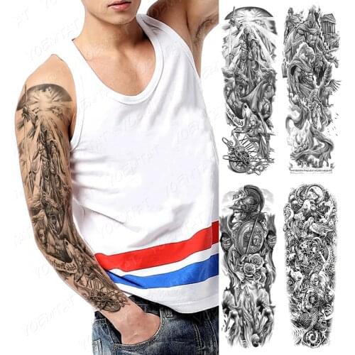 Waterproof Temporary Full Arm Tattoo Sticker Brutal War Warrior Skull Flower Flash Tattoos Man Body Art Fake Sleeve Tatto Women