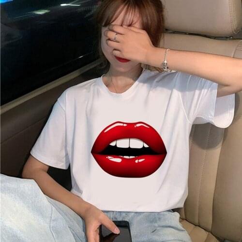 New Summer Top Tee Red Mouth Lip Kissprinted Lady O-Neck Printed T-Shirt Funny Graphic T-Shirt Femme Clothing Harajuku T-Shirt