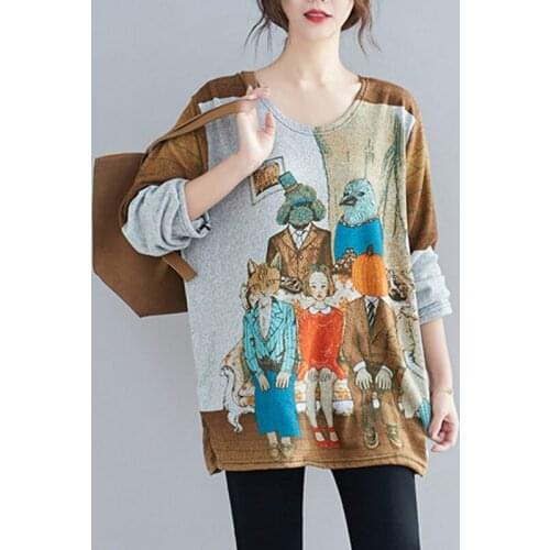 Plus Size Womens Clothing 2021 Spring New Top Loose Slimming Bottoming Shirt Fashion Printed Lady Casual Retro Tee Blusa zh203