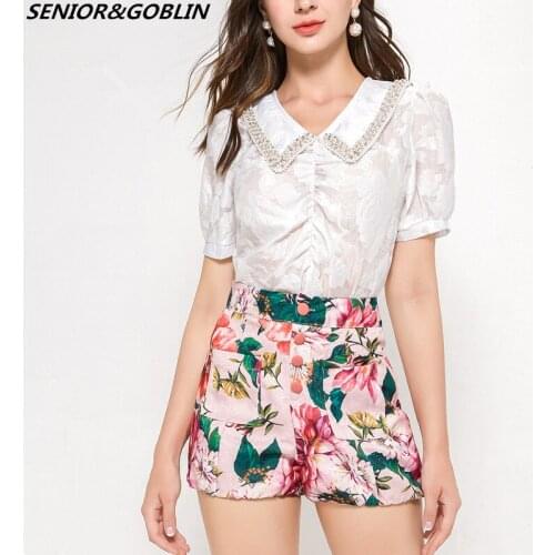 2020 New Summer Fashion Ladies Shirt Shorts Sets Peter Pan Collar Beading Wrinkle Tops and High Waist Print Lantern Shorts Suits