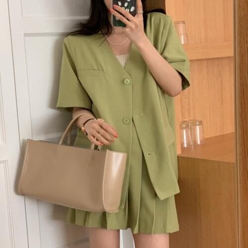 Summer Skirt Set For Women Outfit 2 Piece Sets Korean Clothing Green V-Neck Short Sleeve Blazer Jacket Pleated Mini Skirt