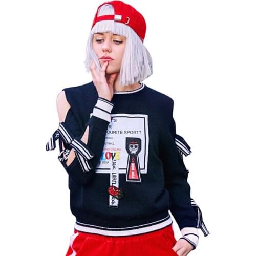 Female Spring Black Casual Sweaters Ladies Strapless Long Sleeve O-Neck Pullovers Fashion Patch Desighs Loose Knitting Tops Z278