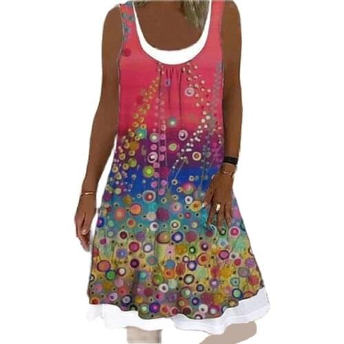 Plus Size Women Floral Print Retro Dress Sleeveless Summer Boho Dresses For Women Casual S-3XL Fake Two Piece Sundress Vestidos