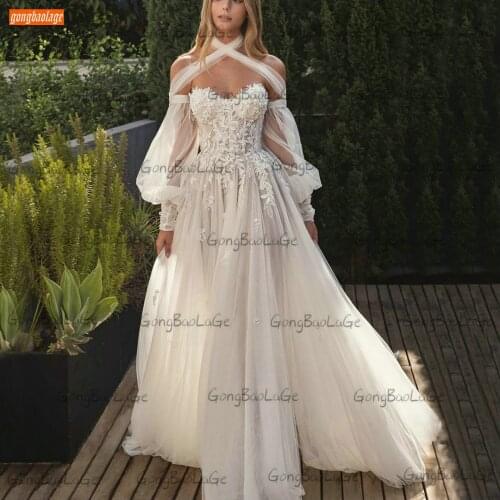 Sexy Boho Ivory Wedding Dresses 2021 Long Puff Sleeves Robe De Mariée Custom Made Corset Beach Bride Gown Women Vestido De Novia