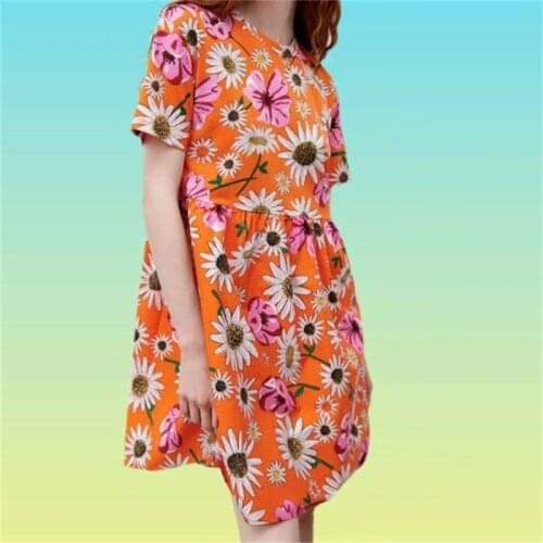 ZXQJ Women 2021 Fashion Floral Print Pleated Mini Dress Vintage O Neck Short Sleeve Female Dresses Vestidos