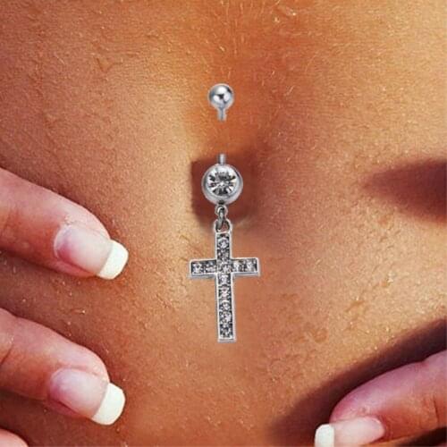 2021 Fashion Rhinestone Body Jewelry Double Cross Dangle Navel Belly Button Barbell Ring Women Body Piercing Jewelry