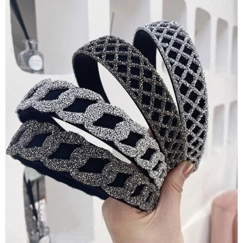 2021 Rhinestone Chain Plaid Bezel Hair Accessories Women Headband Girls Hairband Opaska Do Wlosow Diademas Bandeau Pour Cheveux