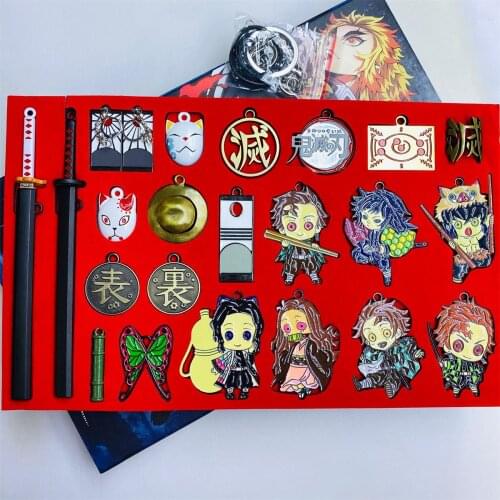 23pcs/set New Demon Slayer Kamado Tanjirou NezukoZenitsu Inosuke Kanawo figure metal Fashion pendant Necklace keyrings keychian