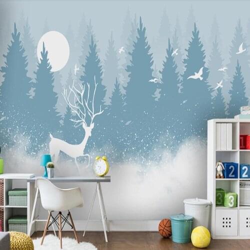 Custom 3D wallpaper mural minimalist hand-painted forest elk flying bird childrens room background wall decoration painting