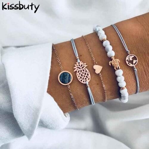 5 PCS/Set Bohemian Turtle Pineapple Map Heart Charm Bracelets Bangles For Women Fashion Beads Strand Bracelets Sets Gifts Jewelr