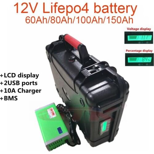 GTK 80ah 100ah 120ah 150ah LiFePO4 Battery pack with 10A Charger for Boat propeller battery, Camper/scooter, golf trolley/carts