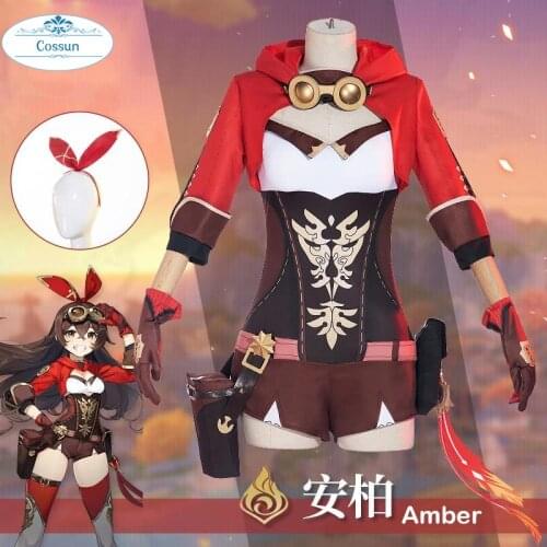 Anime Genshin Impact Amber Game Suit Lovely Uniform Cosplay Costume Halloween Costume For Women Girls Custom Made 2021 New