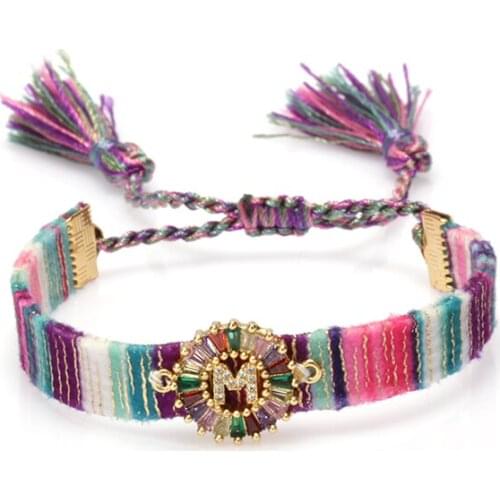 Mix cz letter M ethnic boho bohemia soft cotton silk tassel tail wristband adjustable charm bracelet daily jewelry for woman