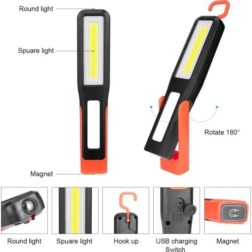 COB LED Working Inspection Light Torch USB Charging Lantern Swivel Hook Magnetic Flashlight For Camping Car Repair Maintenance