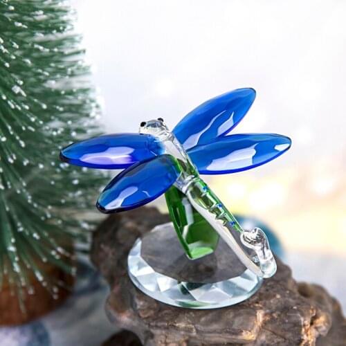 H&D Crystal Glass Animals Figurine Blue Standing Dragonfly Paperweight Collection Home Table Decor Accessories Christmas Gift