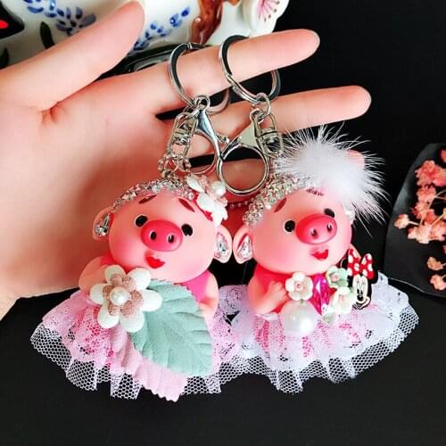 Crystal Bride Groom Pet Piggy Pig Lovers Key Chain Floral Dress Keychain For Women Metal Key Ring Bag Charm Porte Clef D129