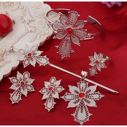 Ethiopian Chain Cross Silver Blue Red Stone Jewellry Set With Hairpin White Gold Color Habesha Jewelry Sets