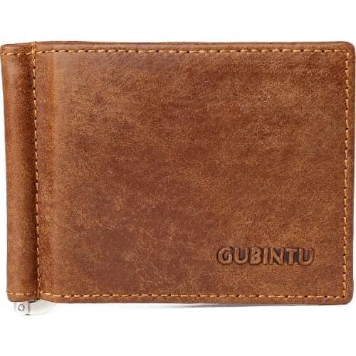 Men Slim Clutch Men Wallet Small Purse for Man Genuine Cowhide Leather Money Clip Wallet Men Slip Metal Short Wallets