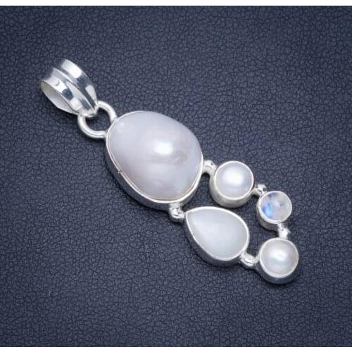 Natural River Pearl,Cat Eye and Rainbow Moonstone Handmade Unique 925 Sterling Silver Pendant 1.75" A0100
