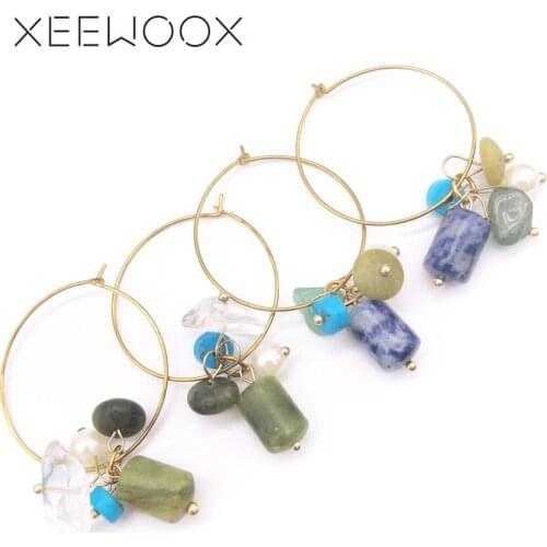 XEEWOOX 2019 New Womens Many Species Hoop Earrings Natural Stone Jewelry Big Loop Earrings Girls