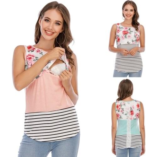 Maternity Dress With Printed Stripes Lace Vest Cross Breastfeeding Underwear Fashion Nursing Vest