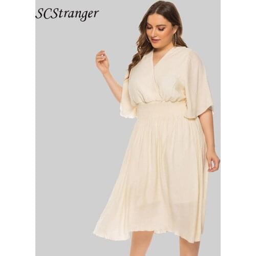 Midi Dress For Women Plus Size Loose Solid Summer V Neck Temperament Waist Flying Sleeve Vacation Dresses платье