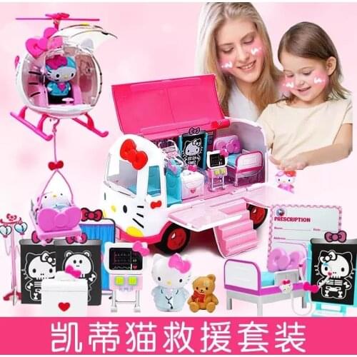 Genuine Hello Kitty Airplane Bus Rescue Boxed Anime Doll Children Interactive Toys Gift Exquisite Original Color Box Packaging