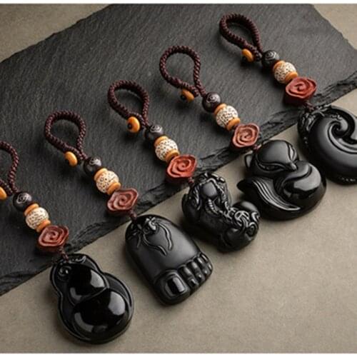 Natural Rainbow Eye Obsidian Keychain Phone Chain Womens Good Fortune Ruyi Pixiu Bag Hanging Jewelry Lotus