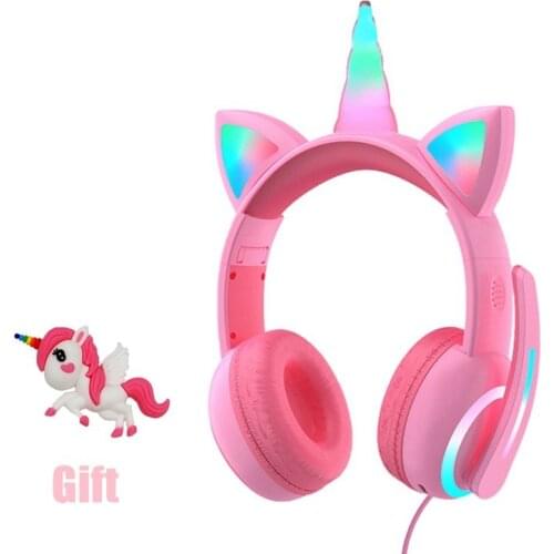Unicorn Wired Headphones Controllable RGB light Headset with Noise Reduction Mic Adjustable Childrens Casco Kids Birthday Gift
