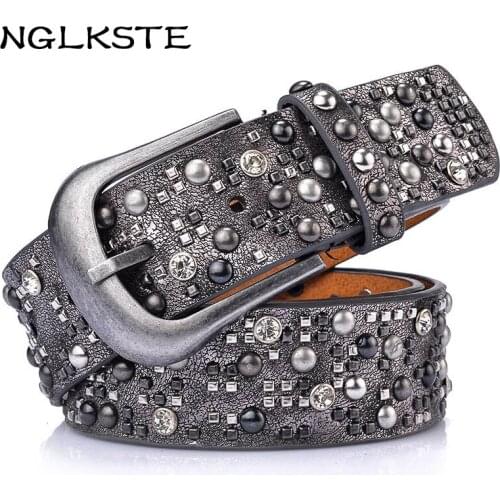 NGLKSTE Rivet Belt Fashion Rhinestone Men&Womens Vintage Style Studded Belts High Quality Male Leather Rock Women Strap Punk