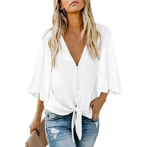 Sexy Deep V-neck Button T-Shirts Women Casual Loose 3/4 Sleeve Black Blouse Shirts Autumn Tops Feminino Blusas Harajuku