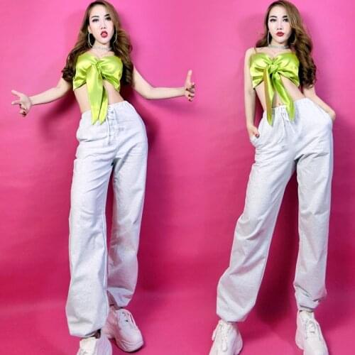 Sexy Stage Costume Women Bar Female DJ Costume DS Dance Jazz Dance Performance Hip Hop Bow Vest Trousers Sports Suit DNV11989