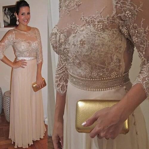 Champange A-Line 3/4 Sleeves Chiffon Lace Pearls Mother Of The Bride Dresses Plus Size Long Groom Mother Dresses For Weddings