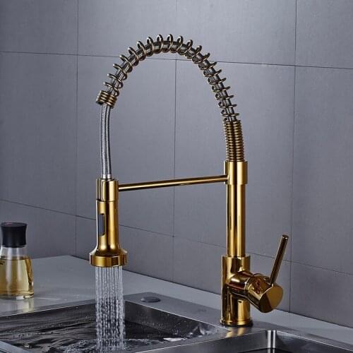 Kitchen Sink Faucet Soild Brass Hot & Cold Kitchen Sink Mixer Tap Single Handle Rotate With Spring Pull Down Mode Gold/Black
