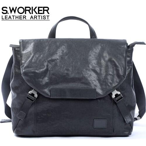 S.WORKER Mens Fashion Genuine Leather Shoulder Bag Casual Messenger Bag Cross Body Bag Cowhide Leather Vintage Shoulder Bag