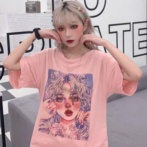 Harajuku female T-shirts cartoon print Loose basic autumn short Sleeve Simple for Women harajuku Kawaii funny student tshirt