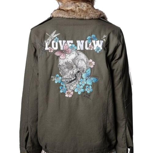 Fur Turn-Down Collar Women Green Jacket Back Skull Butterfly Letters 2021 Autumn Winter Fashion Single-Breasted Coat Outwear Top