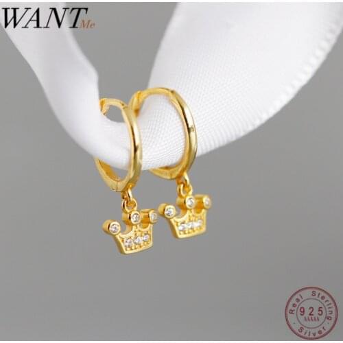 WANTME Real 100% 925 Sterling Silver Fashion Luxury Pave CZ Crown Stud Earrings for Women Princess Wedding Jewelry Accessories