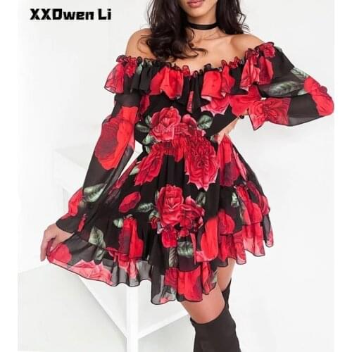 Women Chiffon Sexy Off Shoulder Ruffles Flower Print Mini Dress 2021 Autumn Long Sleeve Elegant Party Dress Female Beach Holiday