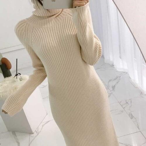 One-Piece Woman Knitted Sweater Dress Korean Long Sleeve Turtleneck Knit Sweater Dress Women Autumn Winter Midi Dresses 2021