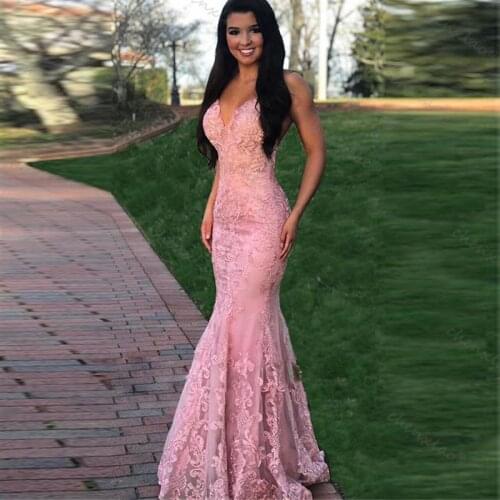 Pink V-Neck Mermaid Spaghetti Straps Sleeveless Appliques Evening Dresses Robe De Soiree Elegant Celebrity Occasion Gowns