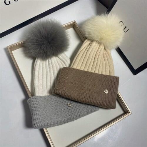 202010-shi winter warm snow color patchwork fox pompon lady Skullies Beanies cap men women outdoor leisure hat