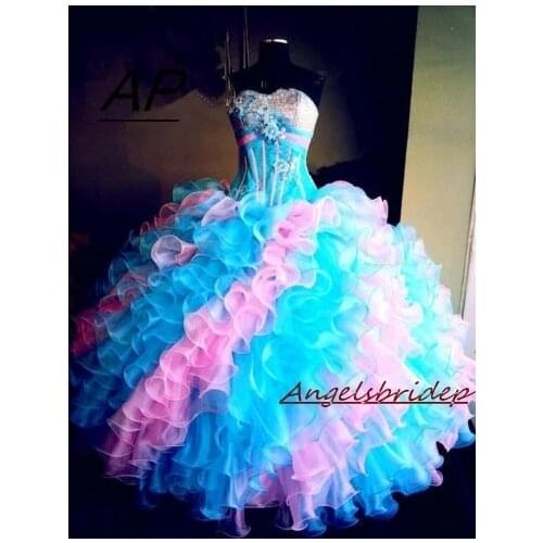 ANGESLBRIDEP Blue And Pink Quinceanera Dresses 15 Years Elegant Crystal Beading Bodice Full-Length Formal Ball Gown Plus Size